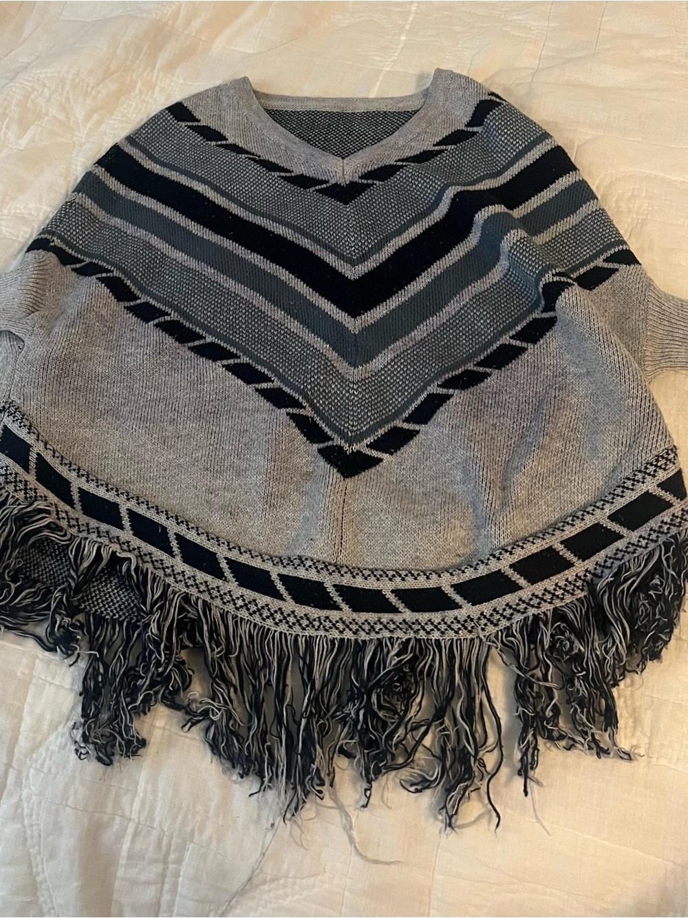 Gray V-Neck Fringe Poncho Sweater - Women